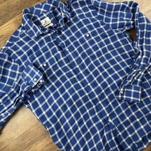 johnnie-O Mens M Shirt Hangin Out Linen Blend Button Down Wake Blue‎ Windowpane